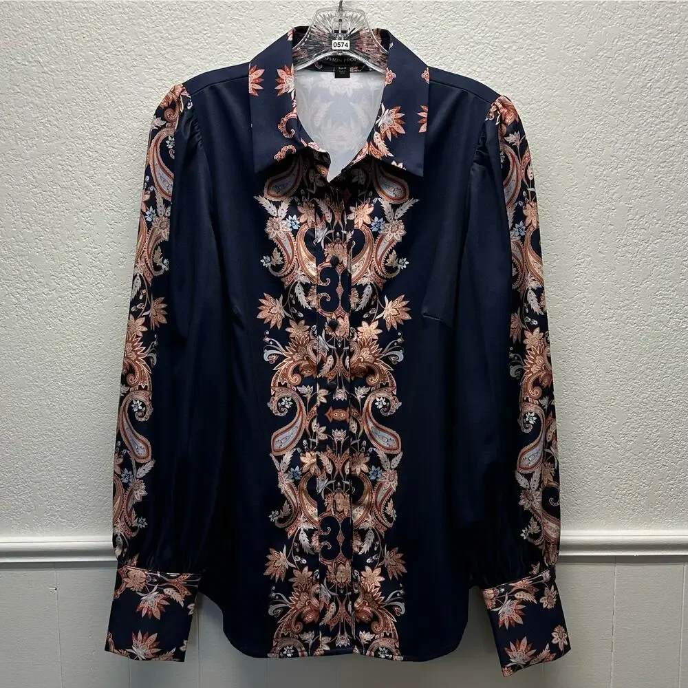 New! Boston Proper Women’s Sz M Button Up Long Sleeve Paisley Print Blouse, V574 - Picture 3 of 16